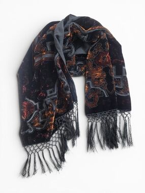 Gothic Velvet Burnout Fringe Scarf in Black and Rust Large